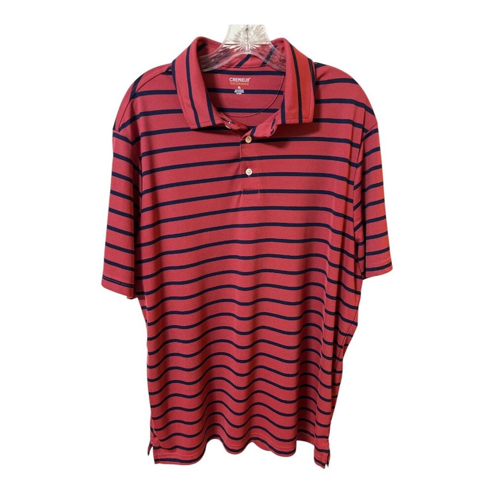 Cremeux Men’s XL Coral Red Navy Striped Polo Shirt Performance Short Sleeve
